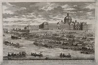 view Hôpital de la Salpêtrière, Paris: as seen from the river. Line engraving by Perelle.