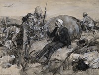 view Boer Wars: British soldiers bringing first aid to wounded Boers. Watercolour by W. Hatherell, 1901.