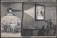 view A periscope being used above an operation which is projected onto a lantern screen for a lecture in the adjoining room. Gouache painting by W.R. Seton.