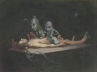 view An unconscious naked man lying on a table being attacked by little demons armed with surgical instruments; representing the effects of chloroform on the human body. Watercolour by R. Cooper.