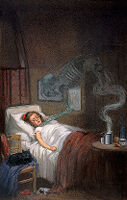 view A ghostly skeleton trying to strangle a sick child; representing diphtheria. Watercolour by R. Cooper.