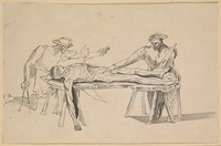 view Two men studying a corpse by the light of a candle stuck in its chest. Etching after a drawing attributed to Polidoro Caldara (Polidoro da Caravaggio).