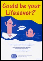 view A personified penis throwing a lifebelt in the form of a condom to a drowning penis, to illustrate the use of condoms as a protection against unplanned pregnancy and sexually transmitted diseases including AIDS. Colour lithograph, 1994.