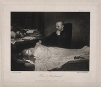 view An anatomist meditates on the corpse of a beautiful young woman, laid out on a table next to his desk. Lithograph by F. Hanfstaengl after G. C. von Max, 1869.