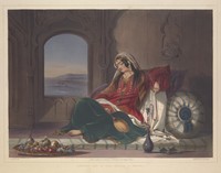 view A wealthy Afghan lady reclining and smoking a hooka. Coloured lithograph by R. Carrick, c. 1848, after J. Rattray.