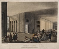 view St Luke's Hospital, Cripplegate, London: the interior of the women's ward, with many inmates and a member of staff. Coloured aquatint by J.C. Stadler after A.C. Pugin and T. Rowlandson, 1809.