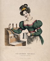 view An obliging barmaid drawing beer. Coloured lithograph, ca. 1833.