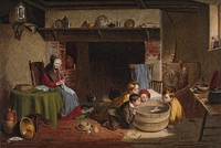 view A rustic cottage in which an old woman sits by the fire and four children gathered around a barrel of water attempt to blow a toy boat across it. Chromolithograph after T.Webster.