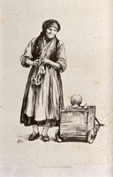 view A woman with knitting in her hands is looking down on a small child in a cart. Process print after H. von Herkomer, 1877.