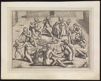 view Brazil: Tupinamba Indians as cannibals enjoying a feast. Etching by T. de Bry.