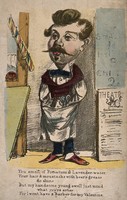 view A barber standing in his shop with his hands in his pockets. Coloured lithograph.