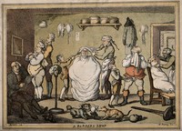 view A barber's shop. Coloured etching with aquatint by T. Rowlandson, 178-, after W.H. Bunbury.