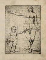 view A nude woman and child with proportional markings, seen from the front. Etching by J. García Hidalgo, ca. 1691.