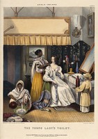 view A female Anglo-Indian at her toilet being attended by three Indian servants. Coloured lithograph by J. Bouvier, 1842, after W. Tayler.