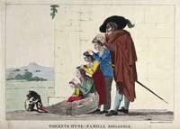 view A Spanish family picking lice or fleas from each other's heads. Coloured etching, 1812.