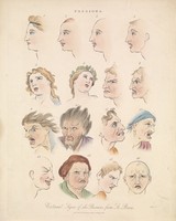 view Sixteen faces expressing the human passions. Coloured engraving by J. Pass, 1821, after C. Le Brun.