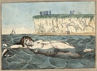 view Margate, Kent: a woman swimming in the sea; in the background people are looking out to sea from cliffs and a beach. Coloured etching, ca. 1800.