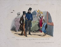 view Two young men are approached by a prostitute: she is a clothed skeleton holding a made-up mask in front of her face, representing syphilis. Lithograph by J.J. Grandville, 1830.