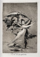 view A young dancer trying to escape winged figures with men's heads. Etching by F. Goya, 1796/1798.