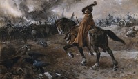 view Death as general rides a horse on a battlefield. Watercolour by Edgar Bundy, 1911.