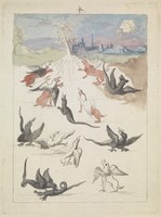 view Dragons and griffins around a lone flowering tree in a landscape on the outskirts of a town; representing a stage in the alchemical process. Coloured etching after etching, ca. 17th century.