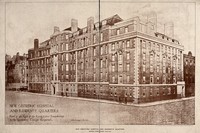 view University College Hospital, London: the Maternity Hospital and Nurses' home, Huntley Street (subesequently the Rockefeller Building). Photo-lithograph, 1923, after C. A. Farey, 1922.