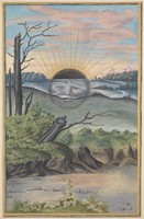 view A black sun with a face descends behind the horizon of a marshy landscape; representing the state of putrefaction in alchemy. Watercolour painting by E.A. Ibbs.