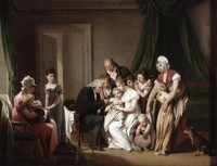 view A man vaccinating a young child held by its mother, with other members of the household looking on. Oil painting by L.-L. Boilly, ca. 1806.