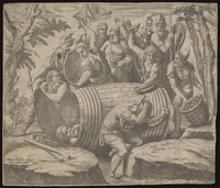 view Marcus Atilius Regulus placed in a barrel lined with iron spikes with soldiers fitting more nails on the barrel and closing the lid. Line engraving after Giulio Romano, 1560.