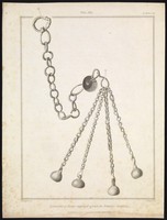 view A short-handled flail (weapon) with four metal chains ending in metal weights. Engraving by J. Basire after R. Stothard, 1827.