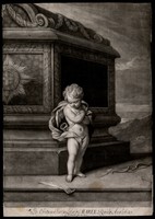 view Cupid standing next to a tomb weeping and mourning the death of Queen Mary II. Mezzotint by J. Smith after G. Kneller, ca. 1695.