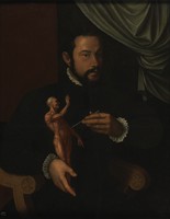 view A man holding an écorché statuette. Oil painting.