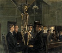 view Anatomy lessons at St Dunstan's. Oil painting by J.H. Lobley, 1919.