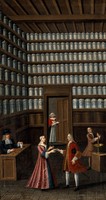 view A pharmacy. Oil painting by a French painter, ca. 1700 (?).