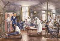 view Physical therapy at Bath War Hospital. Watercolour by E. Horton, ca. 1918.