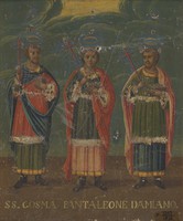 view Saint Cosmas, Saint Panteleimon, and Saint Damian. Oil painting.