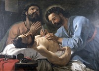 view Saint Cosmas and Saint Damian dressing a chest wound. Oil painting by Antoine de Favray, 1748.