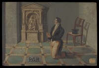 view A man praying to Sansovino's statue of the Madonna del Parto. Oil painting.