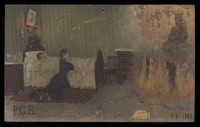 view A woman praying for a child, with intercessors in a fire. Oil painting by an Italian painter, 1887.