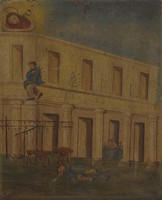 view A boy falling off a building. Oil painting.