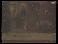 view Maria de las Mercedes Palomino y Moyano being cured by the prayers of her sister Manuela, 15 August 1855. Oil painting by a Spanish painter, c.1855.