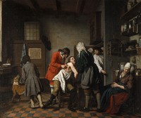 view Interior with a surgeon and his apprentice attending to a patient. Oil painting by Jan Josef Horemans, 1722.