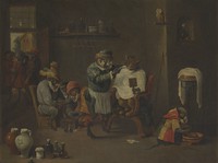 view A monkey barber-surgeon's establishment. Oil painting after David Teniers the younger.