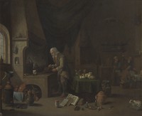 view An alchemist in his laboratory. Oil painting by a follower of David Teniers the younger.