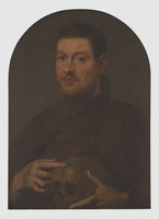 view A man holding a skull, called "Fra Dunello". Oil painting.