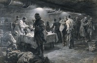 view World War I: a French underground hospital at Verdun. Oil painting by Ugo Matania, 1917.