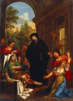 view Saint Francis de Paul (San Francesco da Paola) healing a man with an ulcered leg and a woman vexed by a malignant spirit. Oil painting.