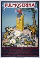 view A woman throwing boxes of the cough-remedy Pulmoserina at lions; representing the ability of Pulmoserina to provide defence against respiratory diseases. Colour lithograph.