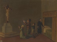 view Votive picture: a man and two members of his family praying to Christ crucified for the health of another relative in bed. Oil painting.