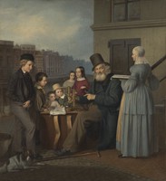 view A travelling showman in the Netherlands showing animalcules to children. Oil painting by a Dutch painter, ca. 1840.